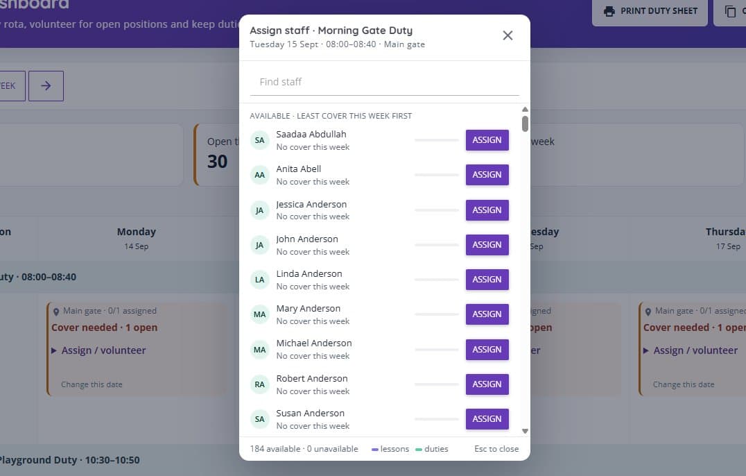 Assign staff dialog for a Morning Gate Duty, listing available staff with no cover this week first, each with an assign button, and a footer showing available and unavailable counts
