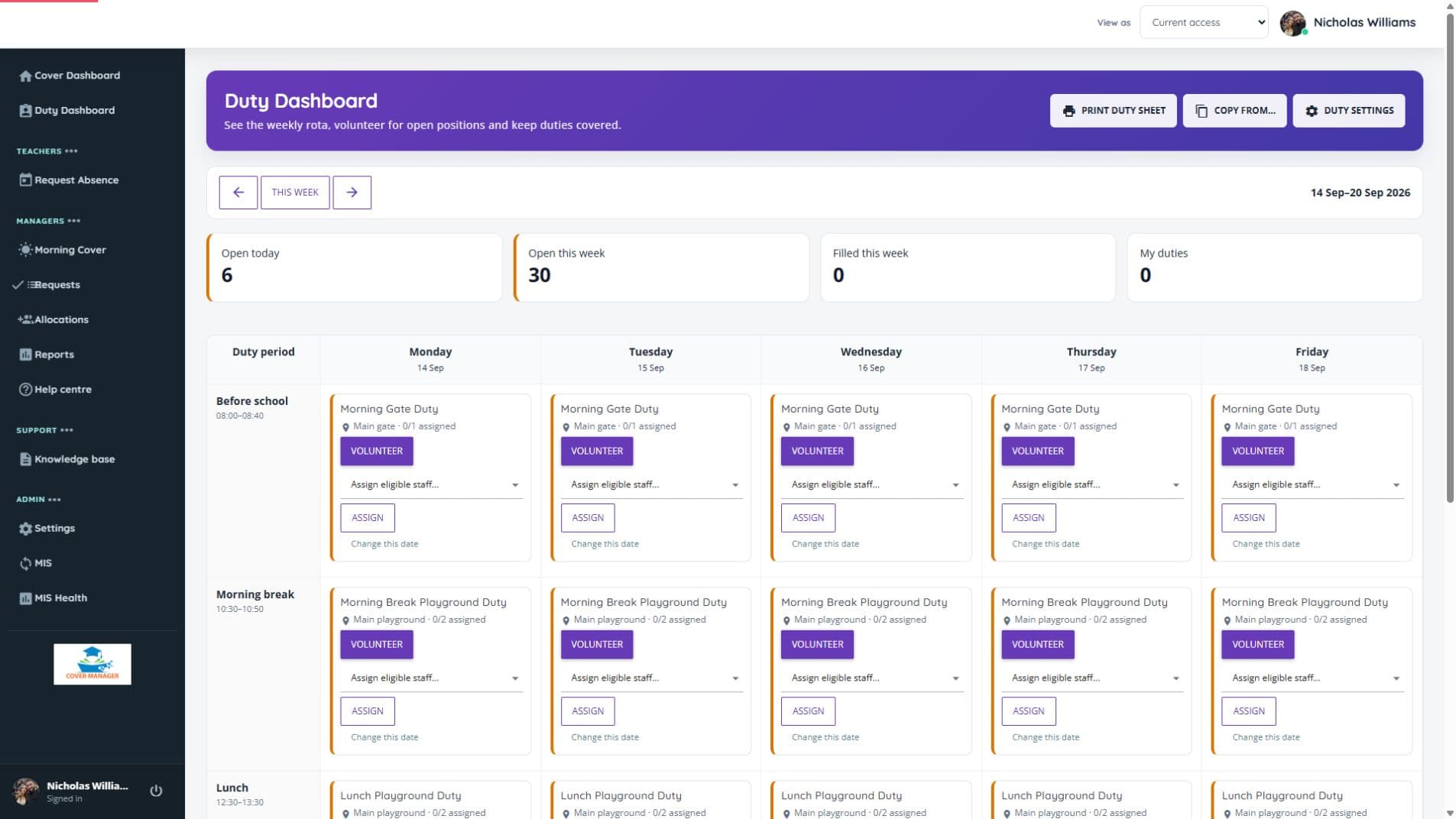 Duty Dashboard showing a weekly supervision rota, open position counts, gate and break duties, staff assignment controls and weekly copy and print actions
