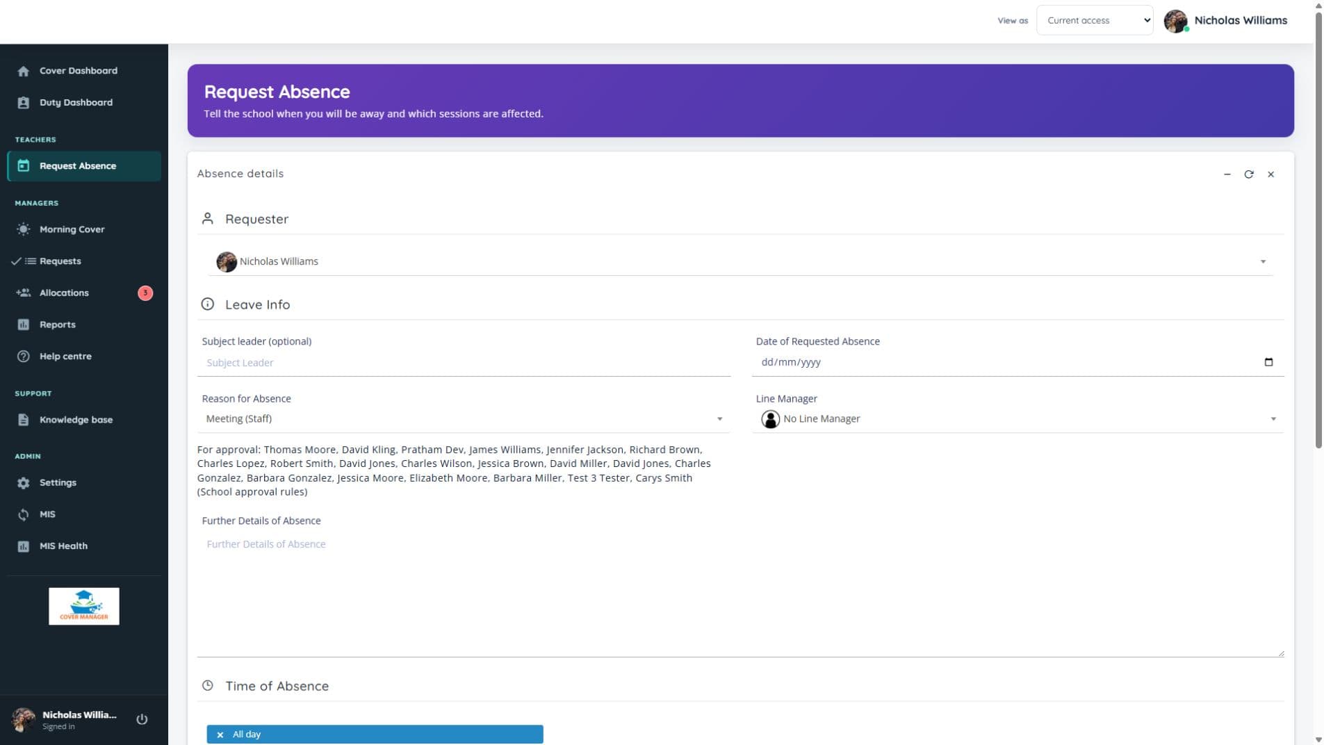 Cover Manager request absence form showing the requester, leave date, absence reason, line manager and resolved approvers before submission
