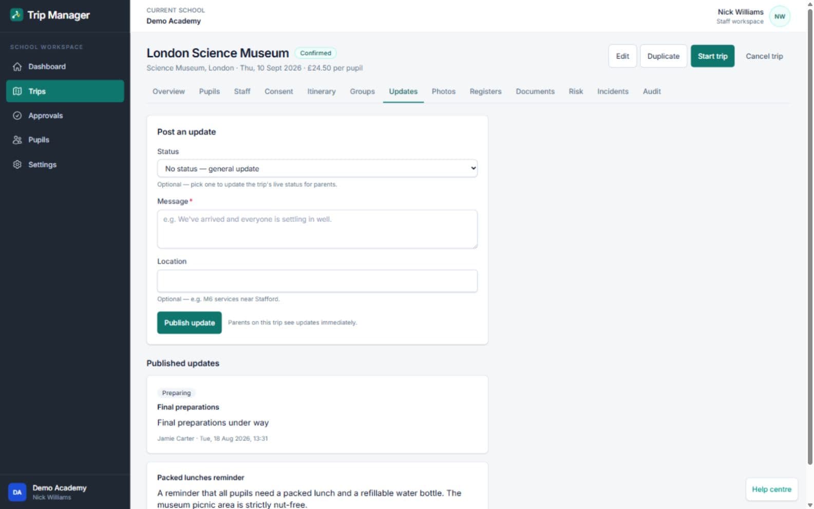 Trip Manager staff update composer with trip status, message and location fields above the published update history